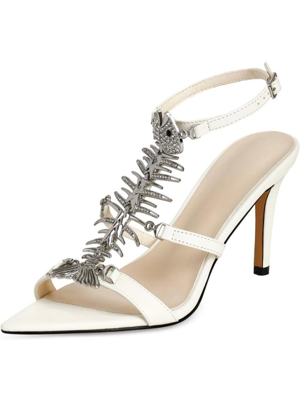 Women's White Stiletto High Heeled Sandals Fishbone Rhinestone Pointed Open Toe